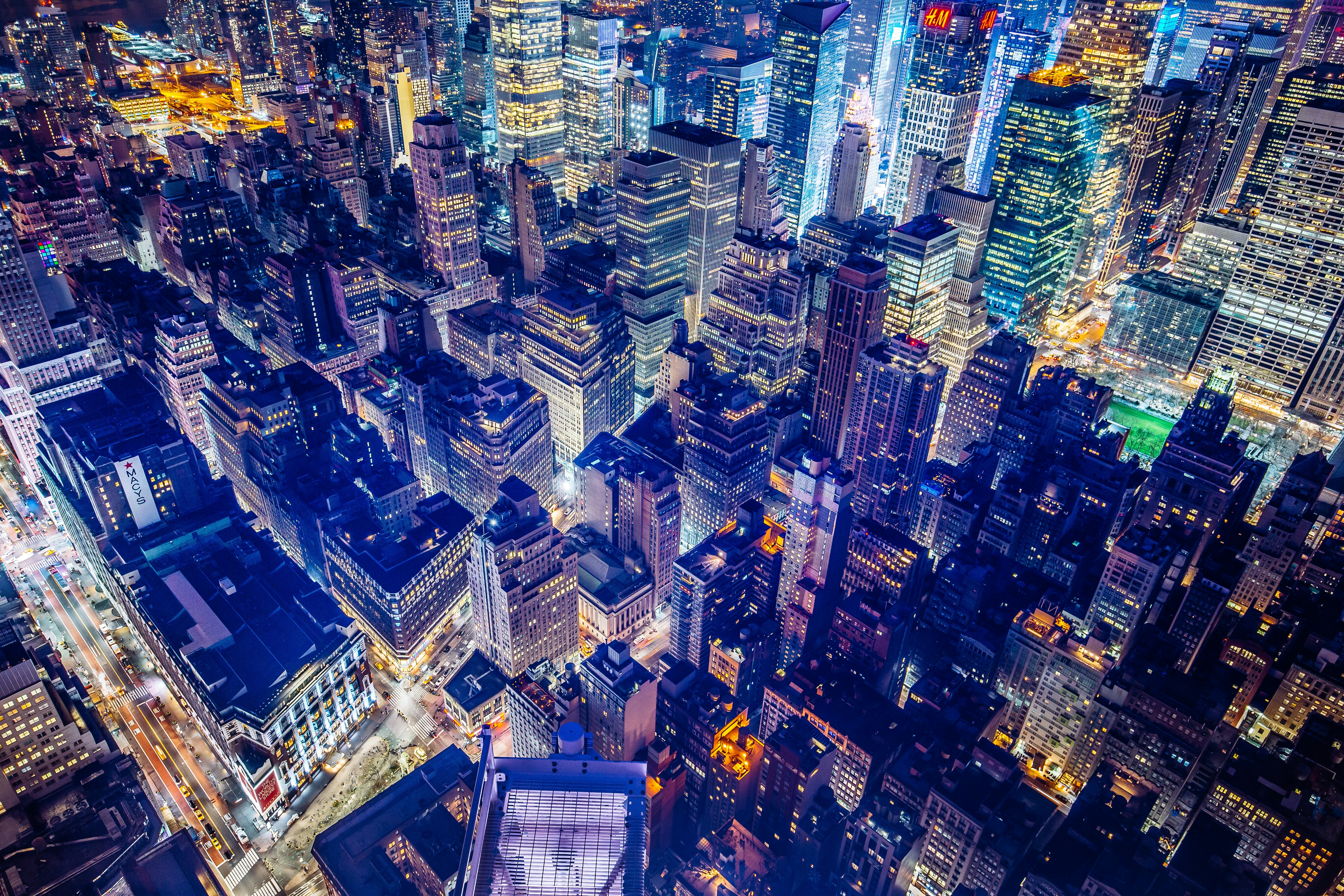 Dense urban skyline at night